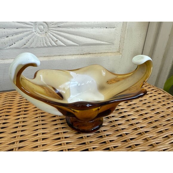 Vintage MCM Midcentury Art Glass Dish/Bowl Amber and Milk Glass - Picture 2 of 13